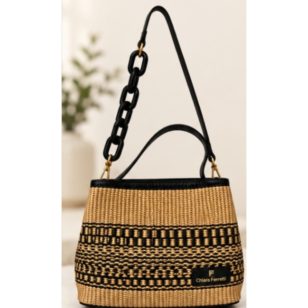 Chiara Ferretti Leather And Raffia Woven Satchel Bag Shoulder Handbag Italy EUC